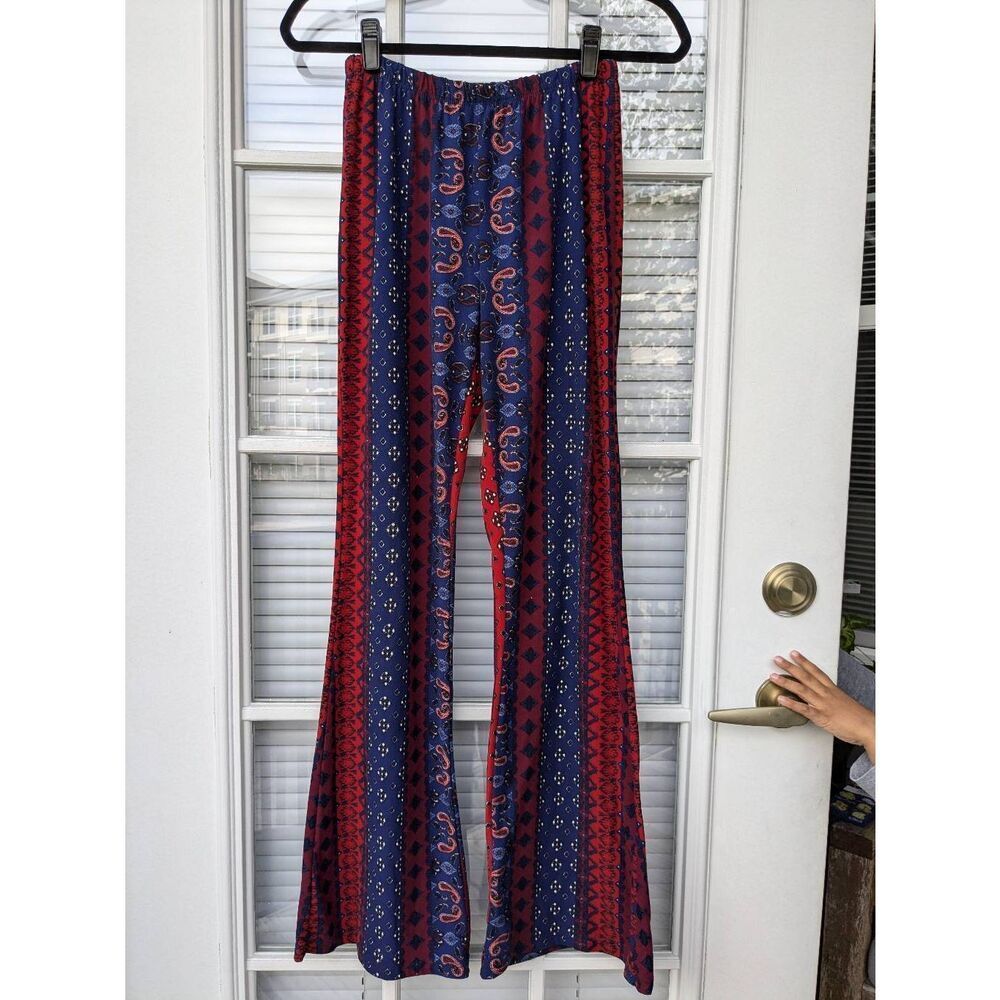 Mark Edwards Flare Boho Paisley Pattern Leggings Red Blue, Size Small